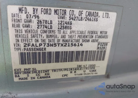 1996 Ford Crown Victoria z USA, uszkodzony, nr VIN 2FALP73W5TX215614